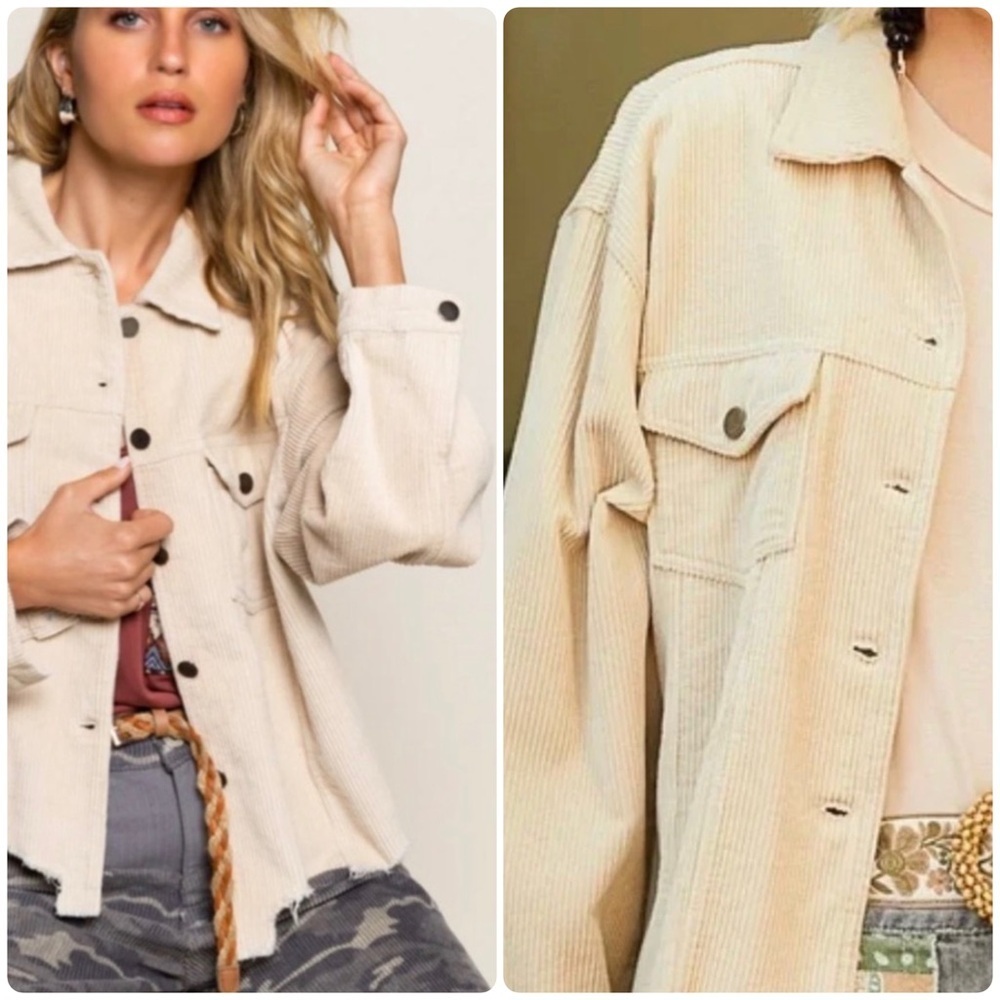 POL Corduroy Light Tan Oversized Boyfriend Jacket with Distressed Hem - Picture 6 of 9
